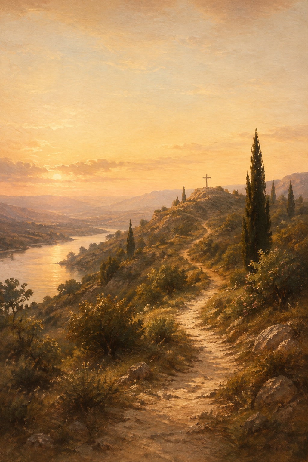 A sunlit path through peaceful hills toward a distant cross